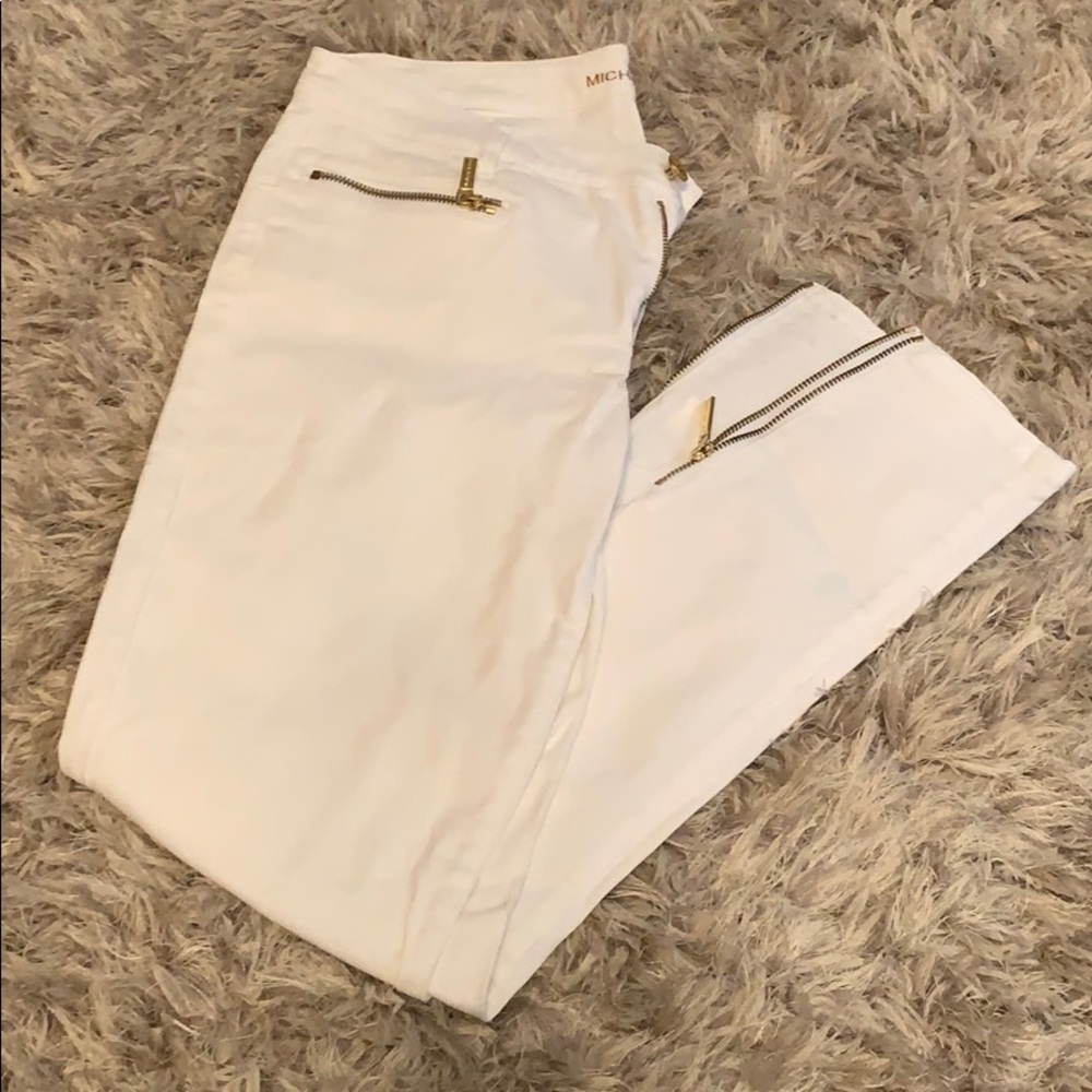 Michael Kors white denim pants with gold zippers